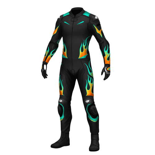 Black racing suit with colorful flame patterns on a white background