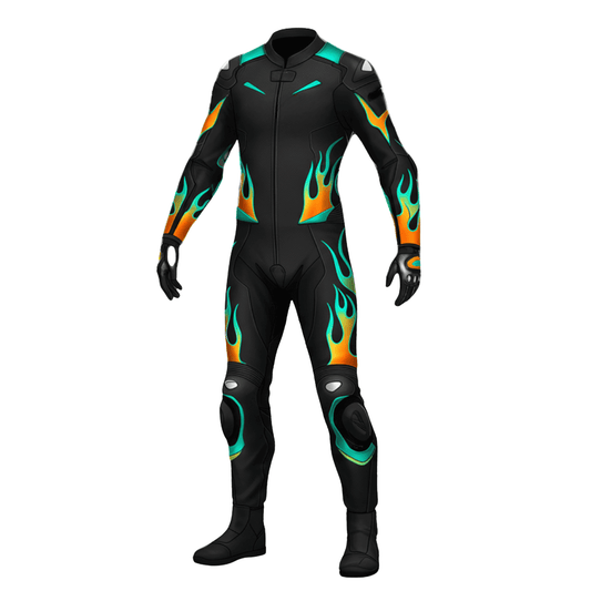 Black racing suit with colorful flame patterns on a white background