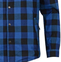 Load image into Gallery viewer, motorcycle checkered blue shirt side
