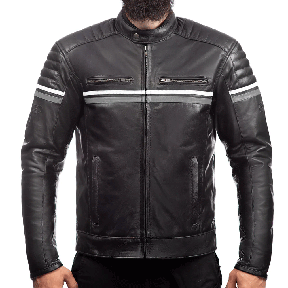 A man wearing a black leather motorcycle jacket with a white stripe and black accents, featuring a front zipper and pockets.