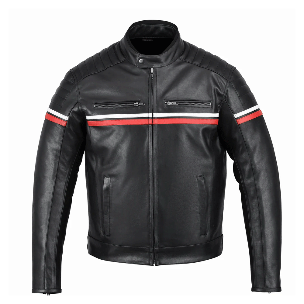 A black leather motorcycle jacket with a red and white stripe on the sleeves, a mandarin collar, and front zipper pockets.