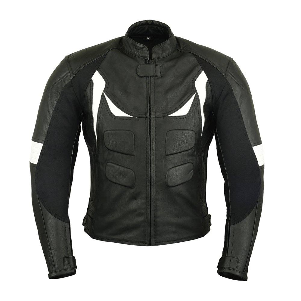 A black leather motorcycle jacket with white and orange accents, embroidered leather applique graphics, and multiple pockets.