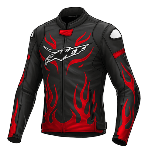 Front view of a black and red flame motorcycle leather jacket with a zippered closure, high collar, and striking flame design on the chest and sleeves.