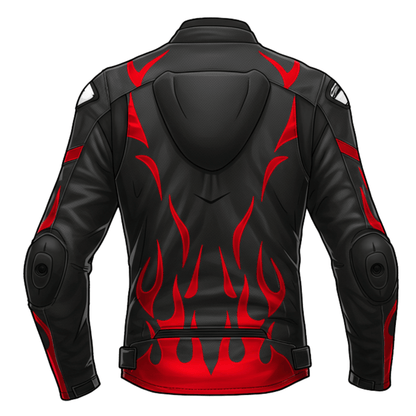 Back view of a black and red flame motorcycle leather jacket with a hood, featuring bold flame graphics and protective padding on the elbows.