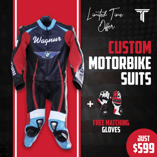 We are running a deal of Motorbike Suits with Custom size, design and Printed logos along with free pair of gloves.