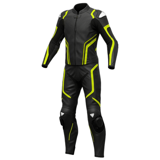 Neon yellow motorcycle leather race suit with CE-Level 2 protection and metal armor