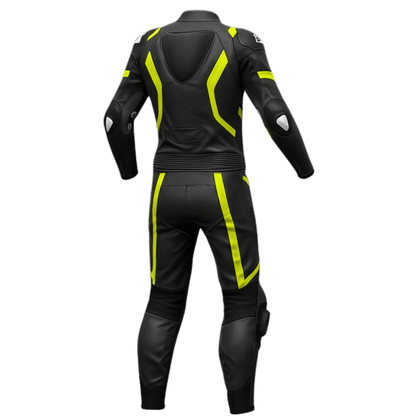 Professional fit neon yellow motorcycle race suit in top-grain cowhide leather with 3D air vent panel