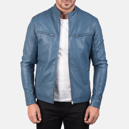 Turbo Blue Men Leather Motorcycle Jacket