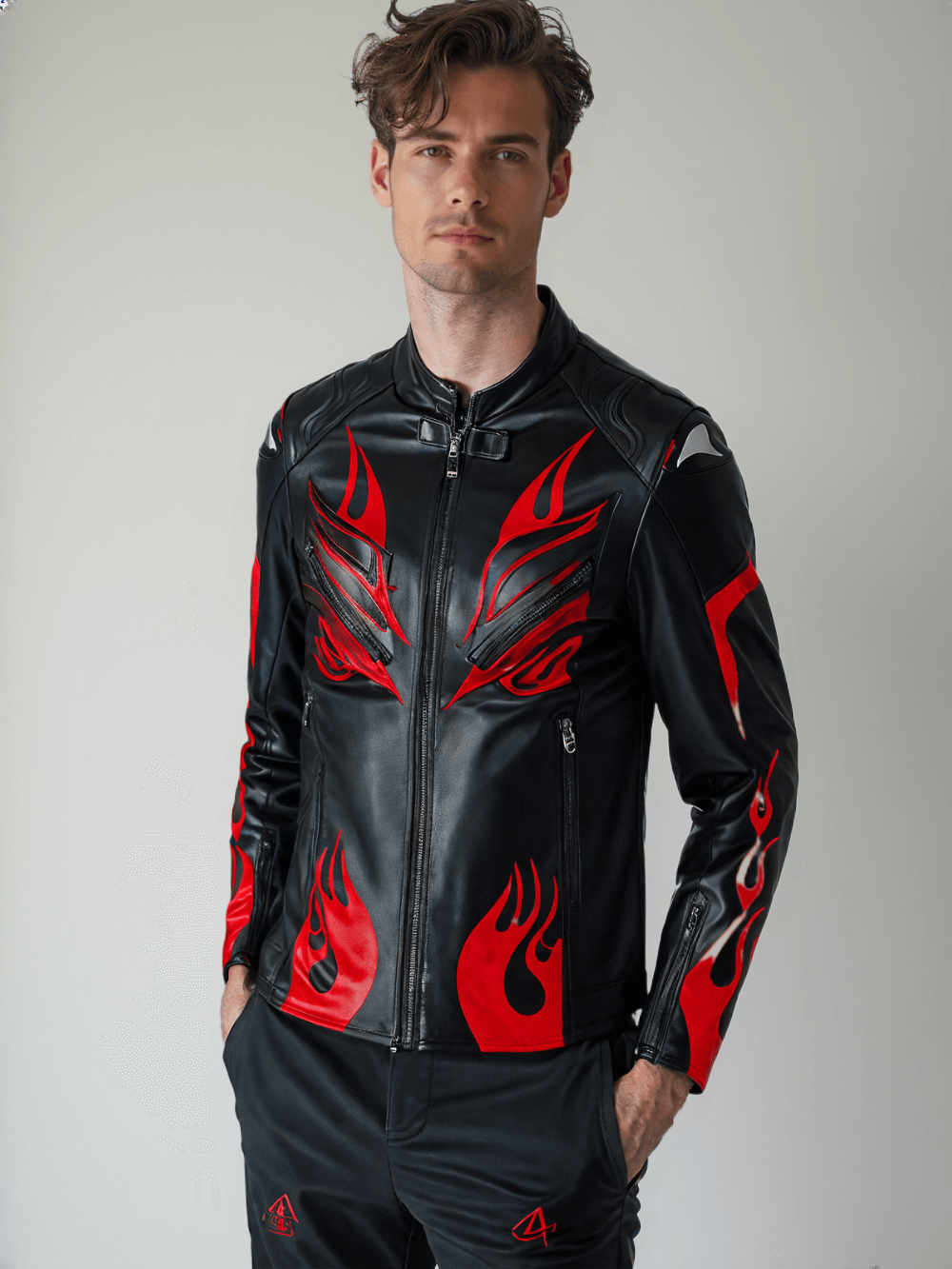 Men's and Women's biker jacket with protective armor and bold red flame accents.