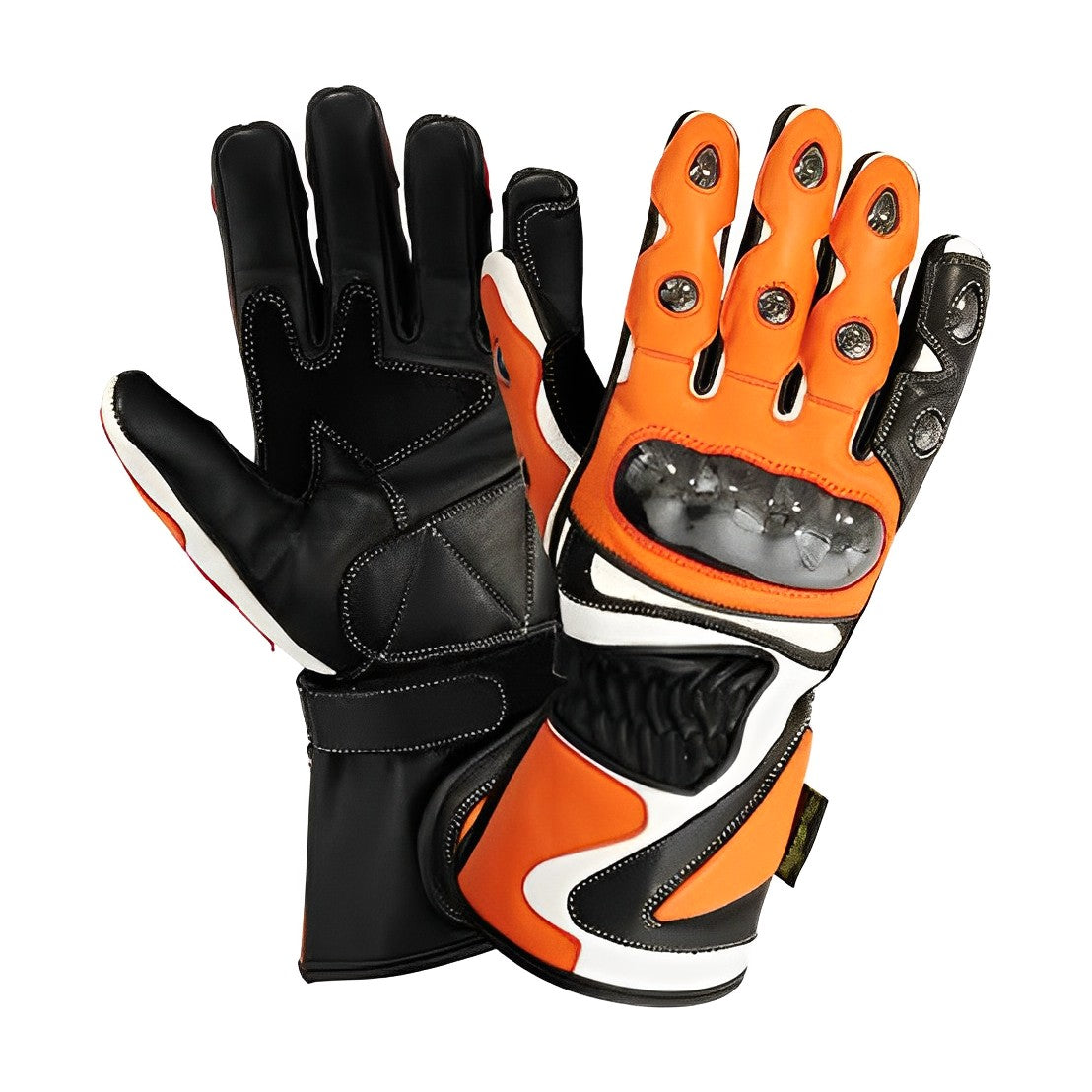 A pair of black and orange motorcycle gloves with carbon fiber knuckle protectors and a perforated leather design.