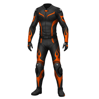 Black and orange motorcycle suit on a white background