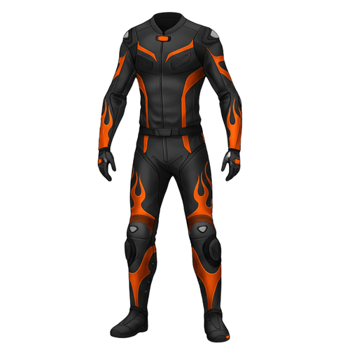 Black and orange motorcycle suit on a white background