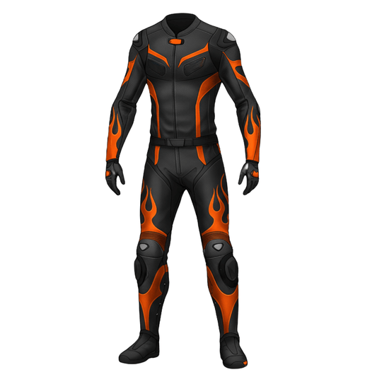 Black and orange motorcycle suit on a white background