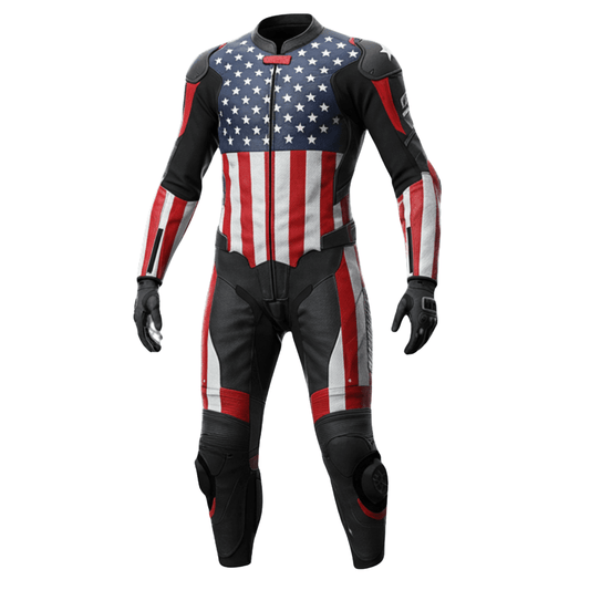 Motorcycle racing suit with American flag design on a white background