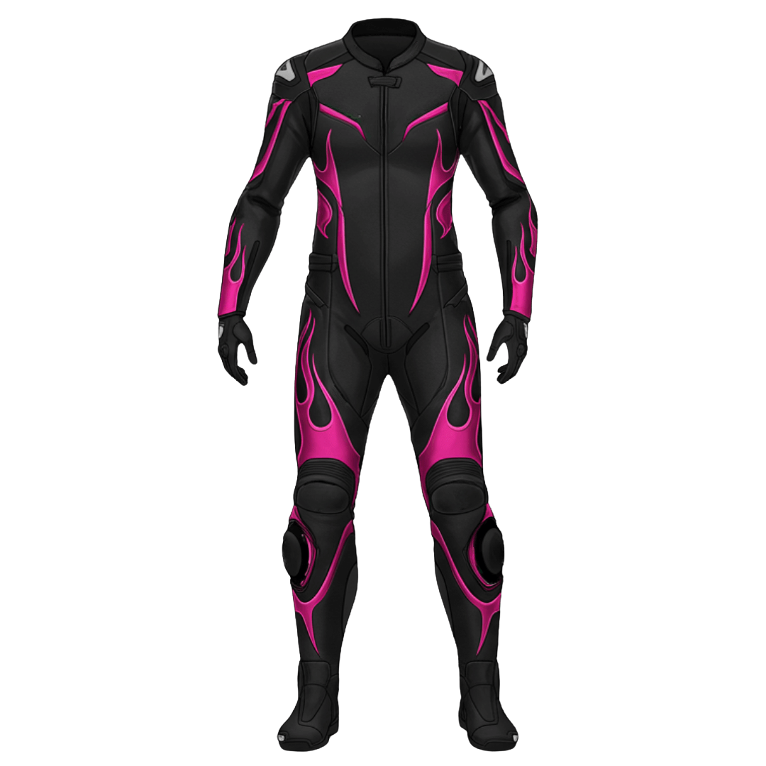 Black and pink motorcycle racing suit on a white background