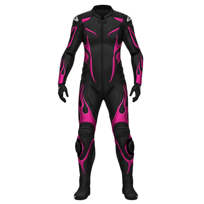Black and pink motorcycle racing suit on a white background