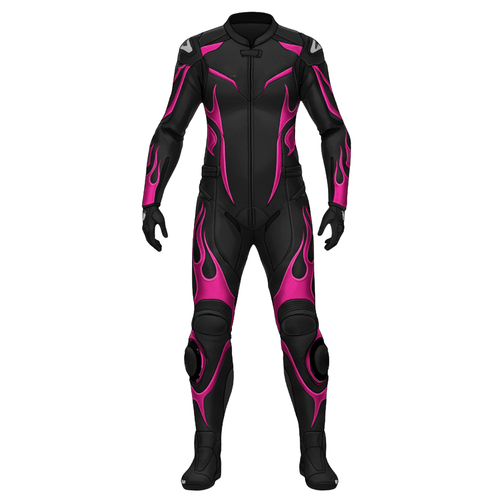Black and pink motorcycle racing suit on a white background