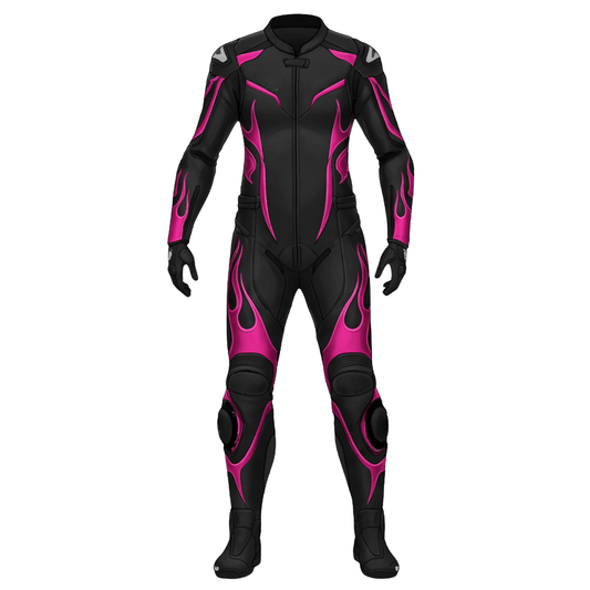 Black and pink motorcycle racing suit on a white background