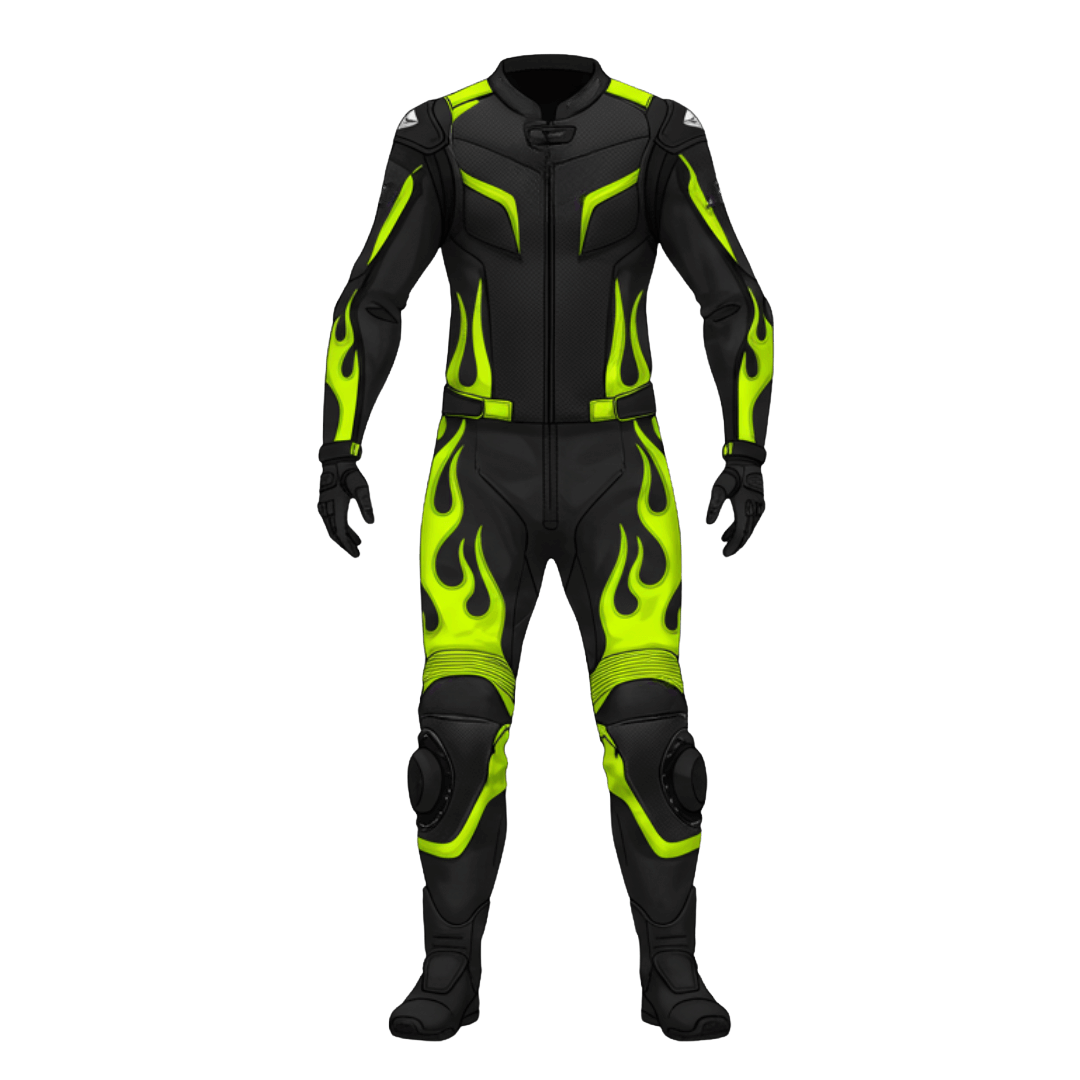 Black motorcycle suit with green flames on a white background