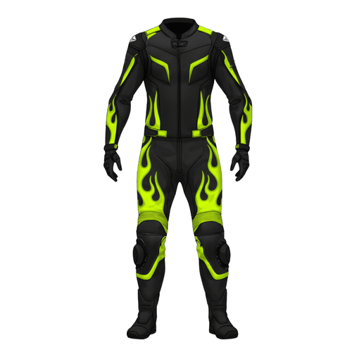 Black motorcycle suit with green flames on a white background