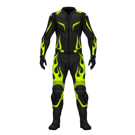 Black motorcycle suit with green flames on a white background