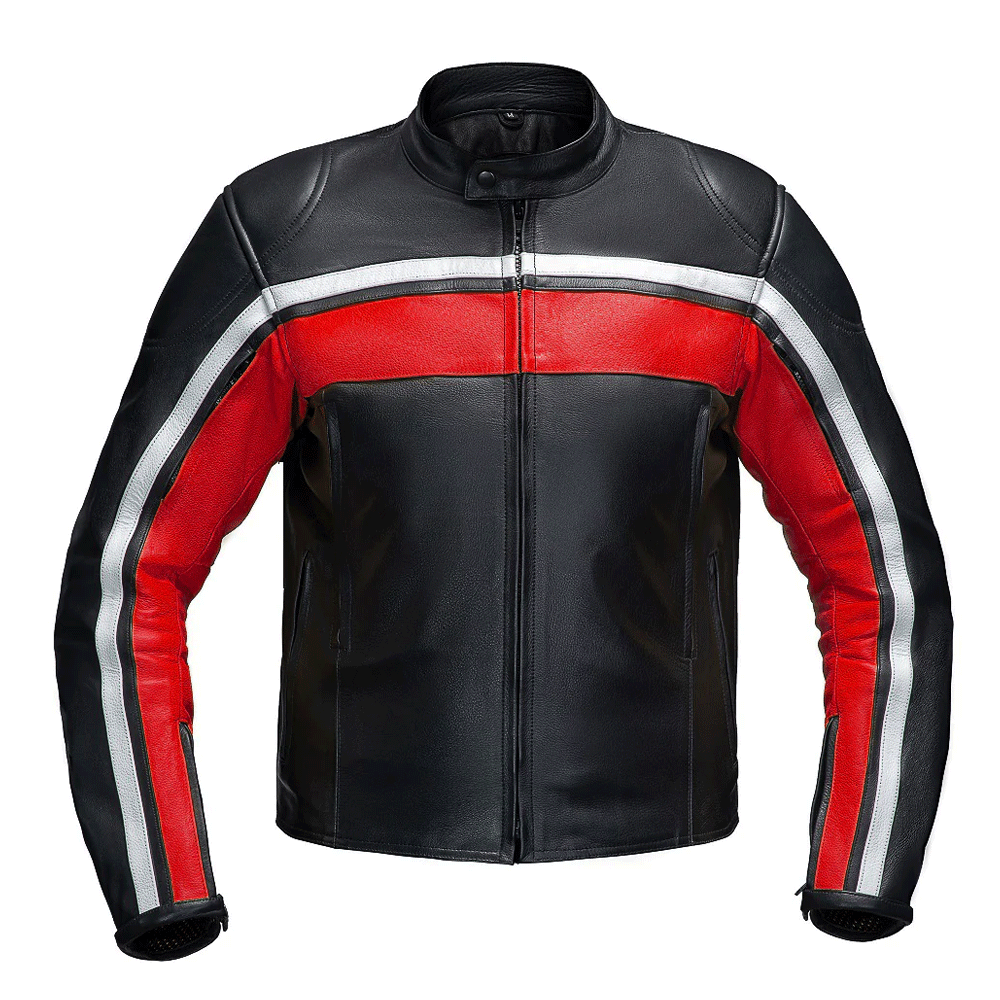 A red and black motorcycle leather jacket with long sleeves, featuring a snap collar, zipper pockets, and adjustable cuffs.
