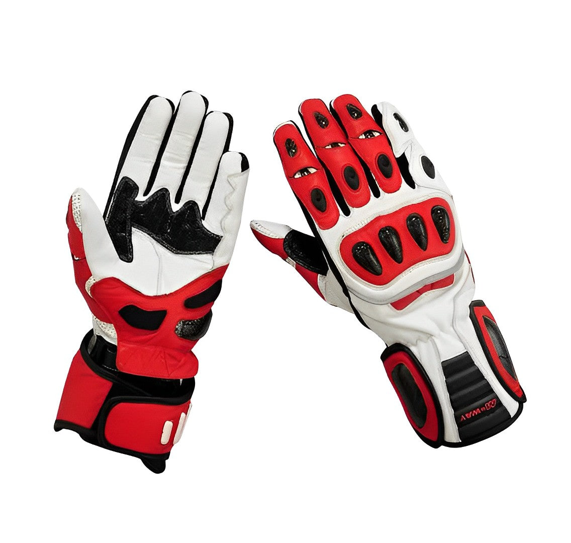 A pair of white and red motorcycle gloves with carbon fiber knuckle protectors and perforated leather design.