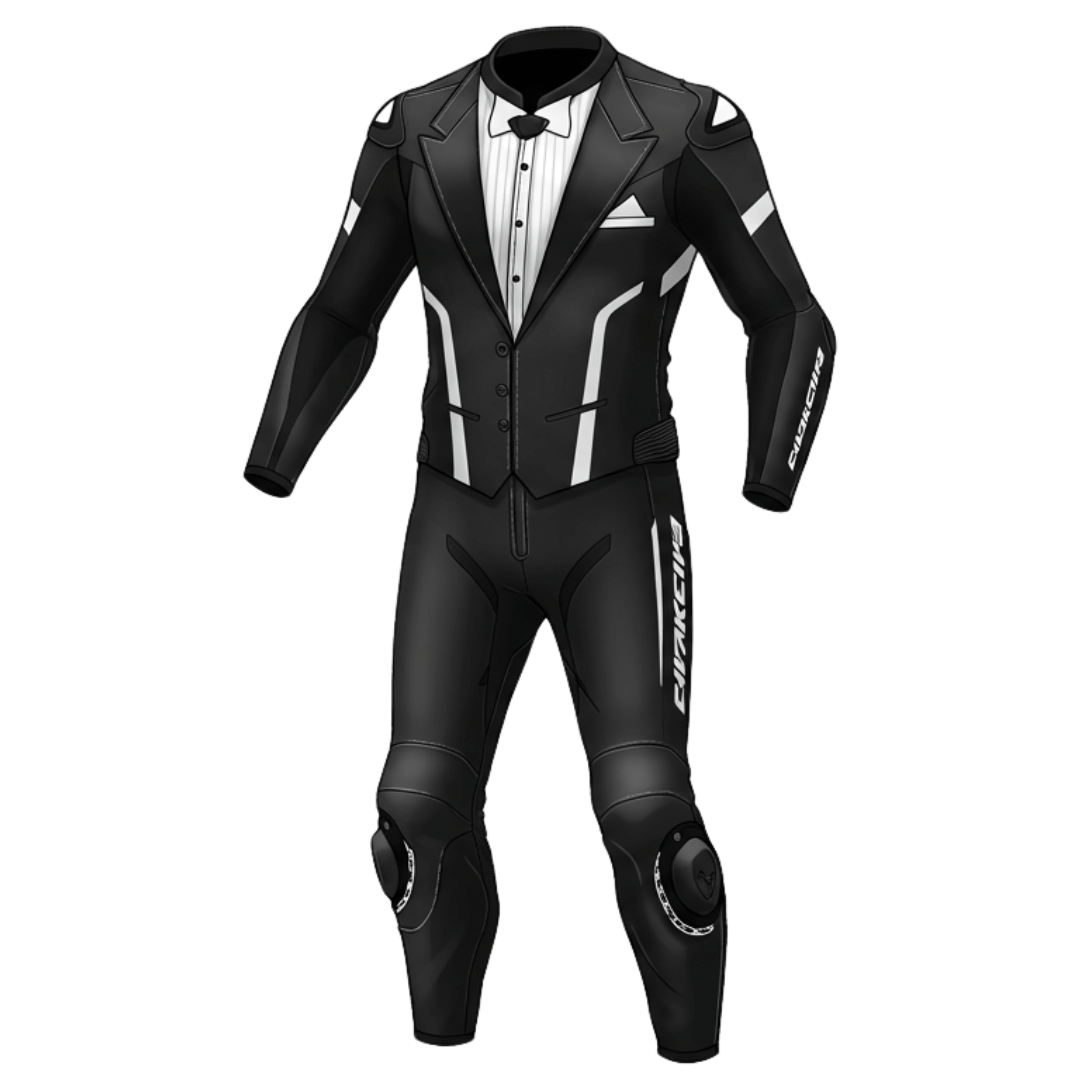 fashionable motorcycle gear with tuxedo design