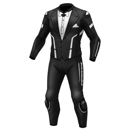 fashionable motorcycle gear with tuxedo design