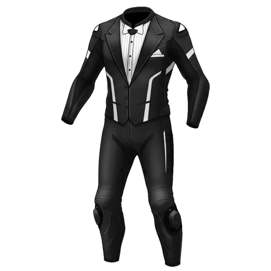 Black motorcycle racing suit with white accents on a white background