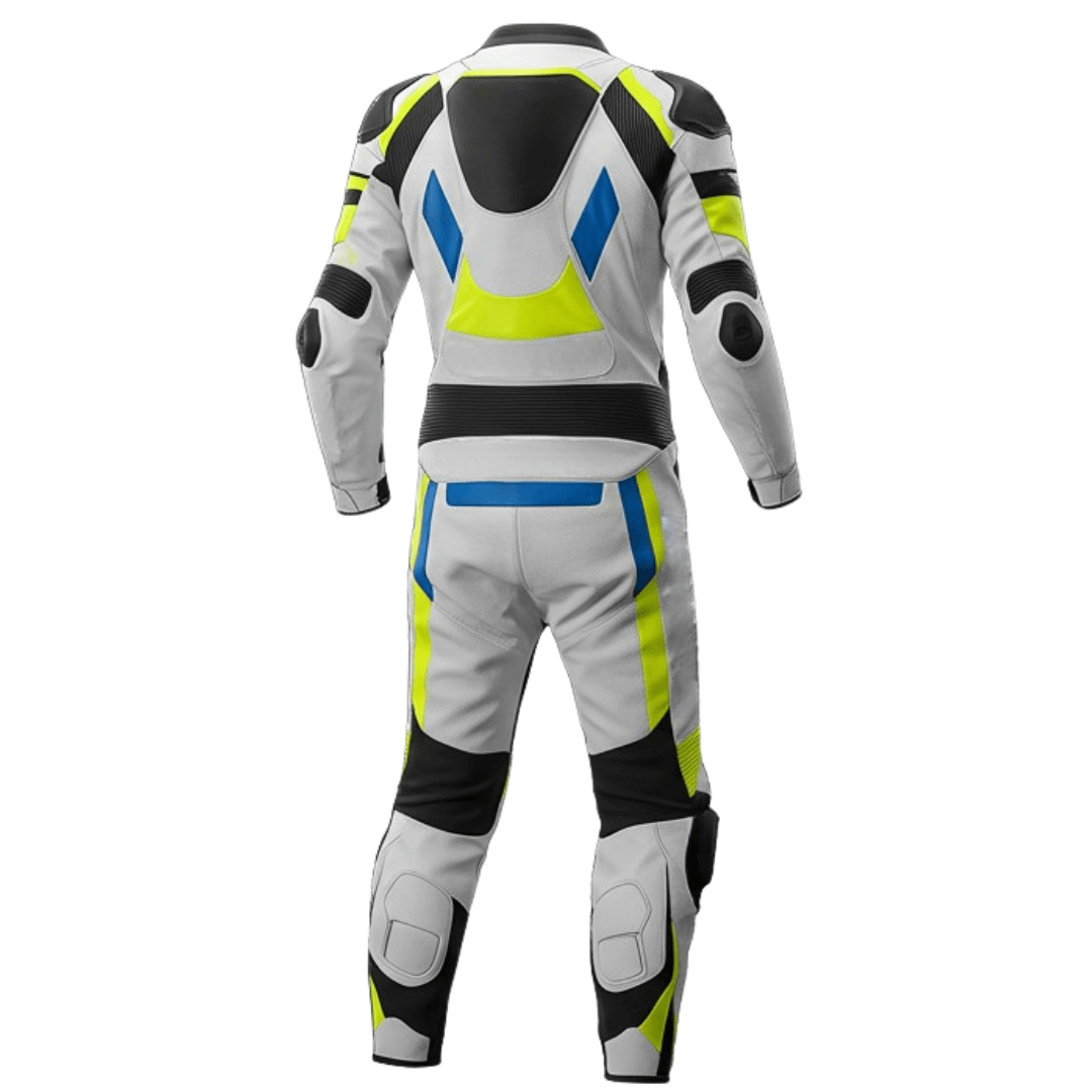 Motorcycle racing suit with gray, black, yellow, and blue design on a white background