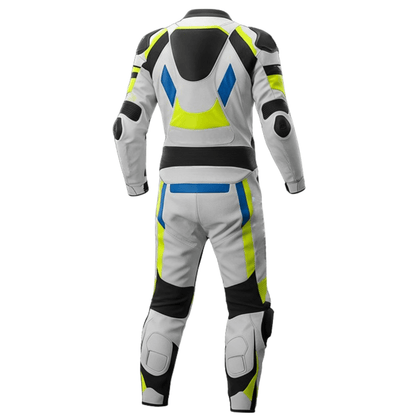 Motorcycle racing suit with gray, black, yellow, and blue design on a white background