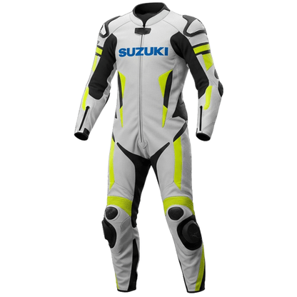 Motorcycle racing suit with Suzuki branding on a white background