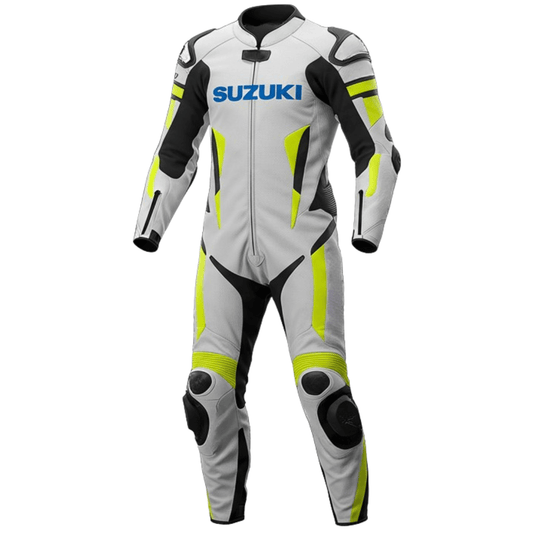 Motorcycle racing suit with Suzuki branding on a white background
