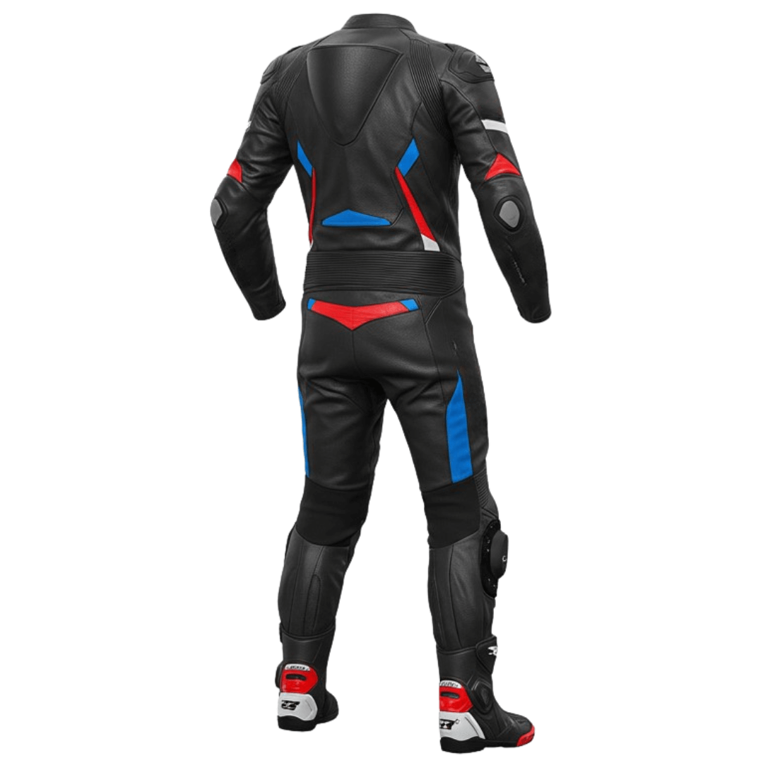 Black leather racing suit with red and blue accents on a white background