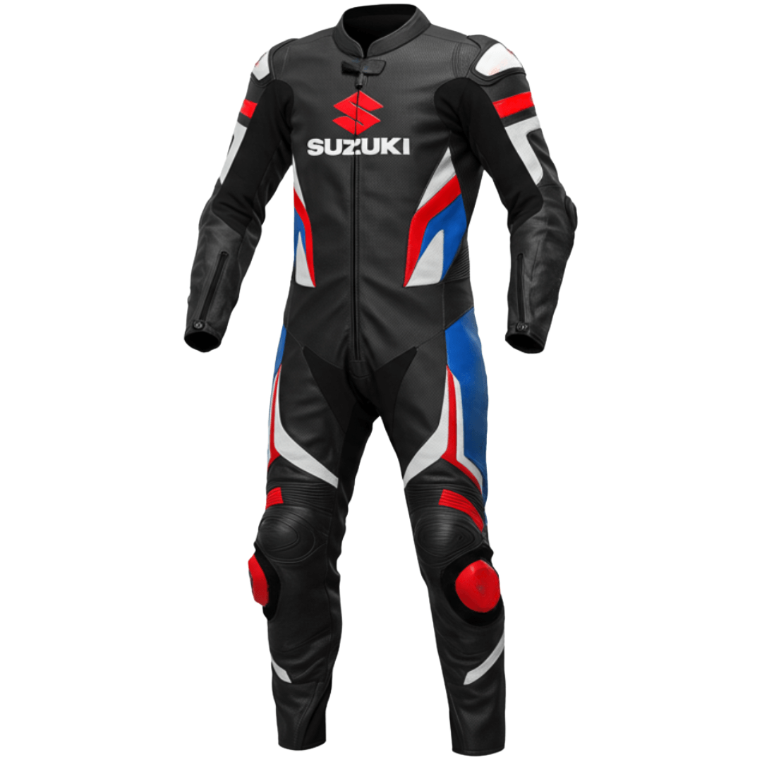 Black motorcycle racing suit with Suzuki logo on a white background