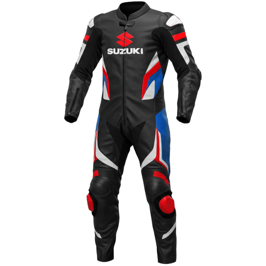 Black motorcycle racing suit with Suzuki logo on a white background