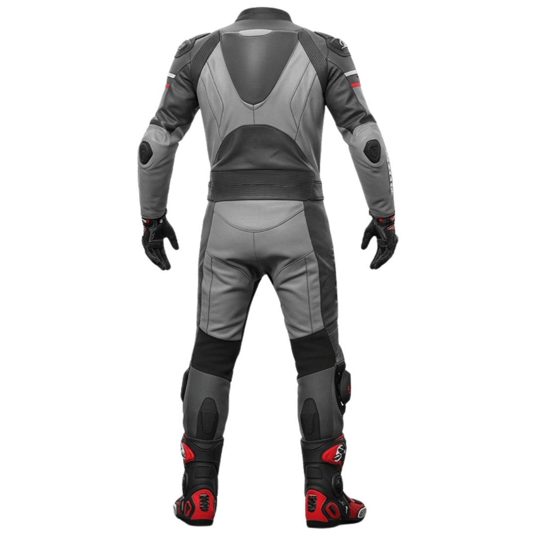 Gray and black motorcycle suit with red accents on a white background
