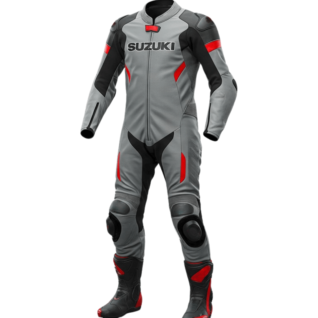 Gray motorcycle racing suit with red accents and Suzuki branding on a white background