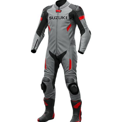 Gray motorcycle racing suit with red accents and Suzuki branding on a white background