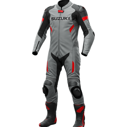 Gray motorcycle racing suit with red accents and Suzuki branding on a white background