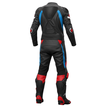 Black leather motorcycle suit with red and blue accents on a white background
