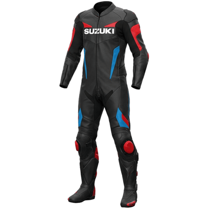 Motorcycle racing suit with Suzuki branding on a white background