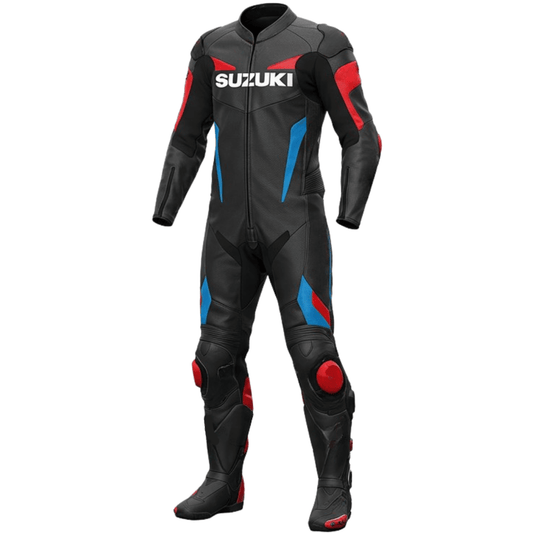 Motorcycle racing suit with Suzuki branding on a white background