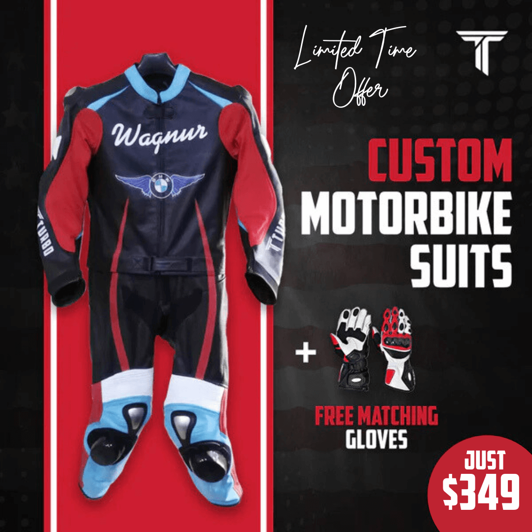 A custom motorcycle suit and matching gloves with a brand logo on the chest, predominantly in black with red, white, and blue accents, and a 'Limited Time Offer' tag.