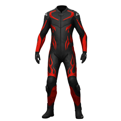 Black and red motorcycle suit on a white background