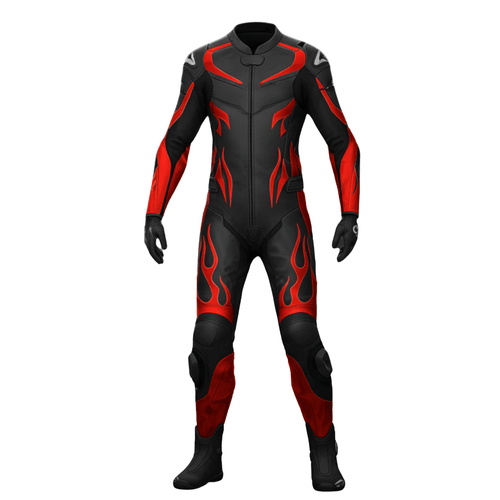 Black and red motorcycle suit on a white background
