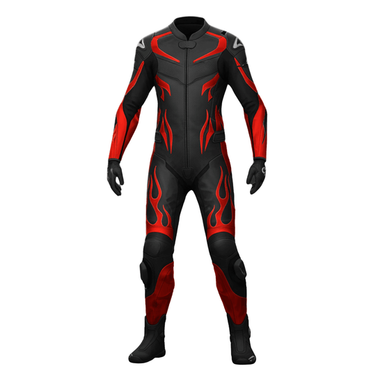 Black and red motorcycle suit on a white background