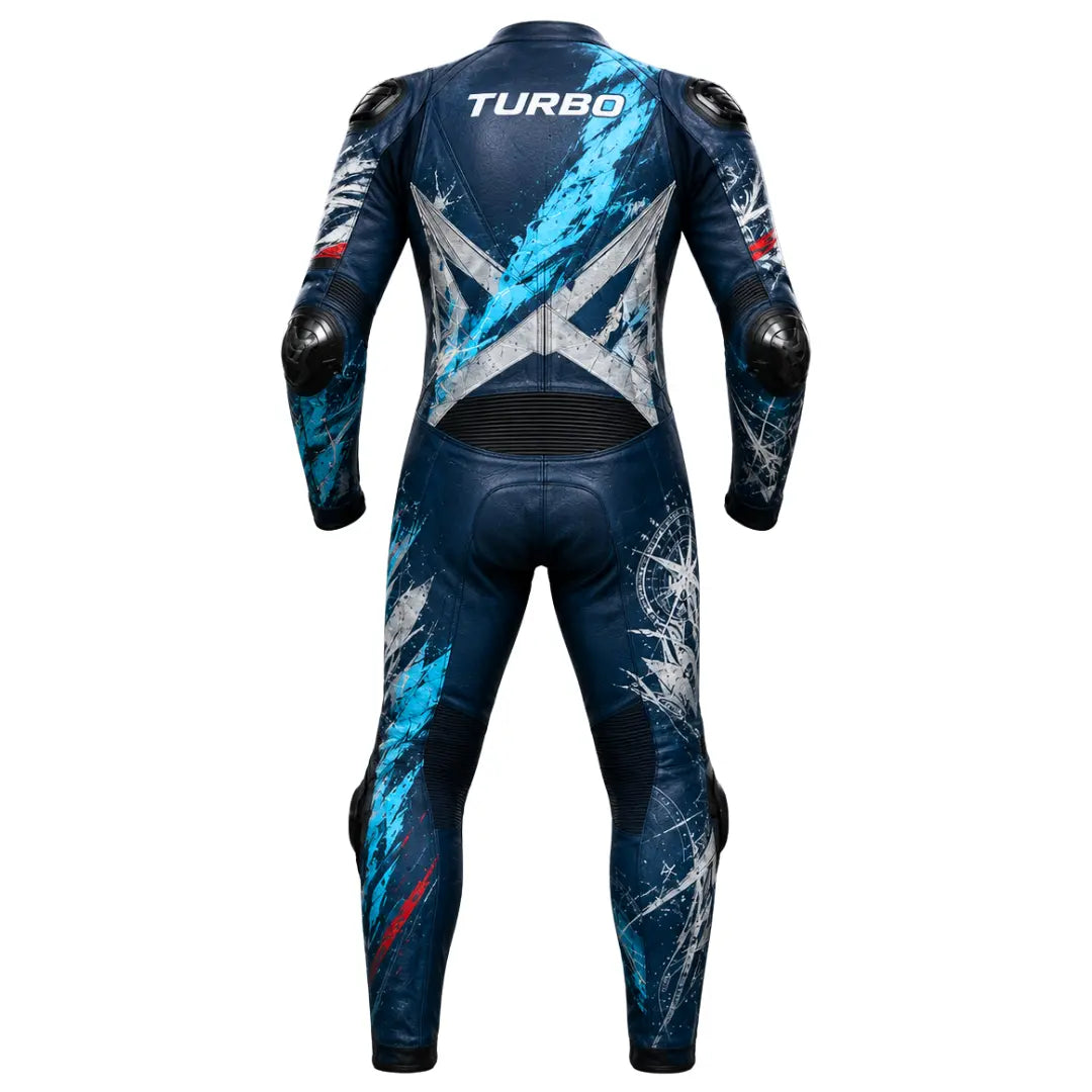 Back view of Turbo Viking one-piece motorcycle race suit showing crossed axe back graphic, shoulder pucks, elbow sliders and stretch panels