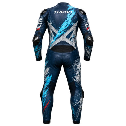 Back view of Turbo Viking one-piece motorcycle race suit showing crossed axe back graphic, shoulder pucks, elbow sliders and stretch panels